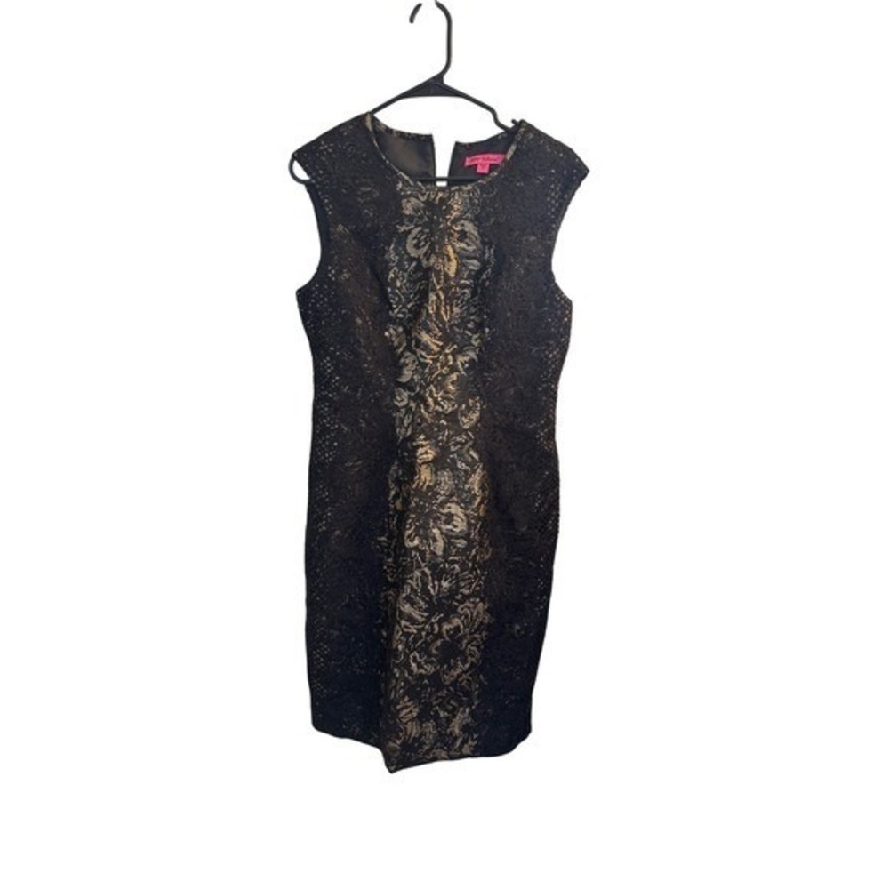 Betsey Johnson Dress Women's Black 10 Gold Metallic Lace Sheath Cocktail Party